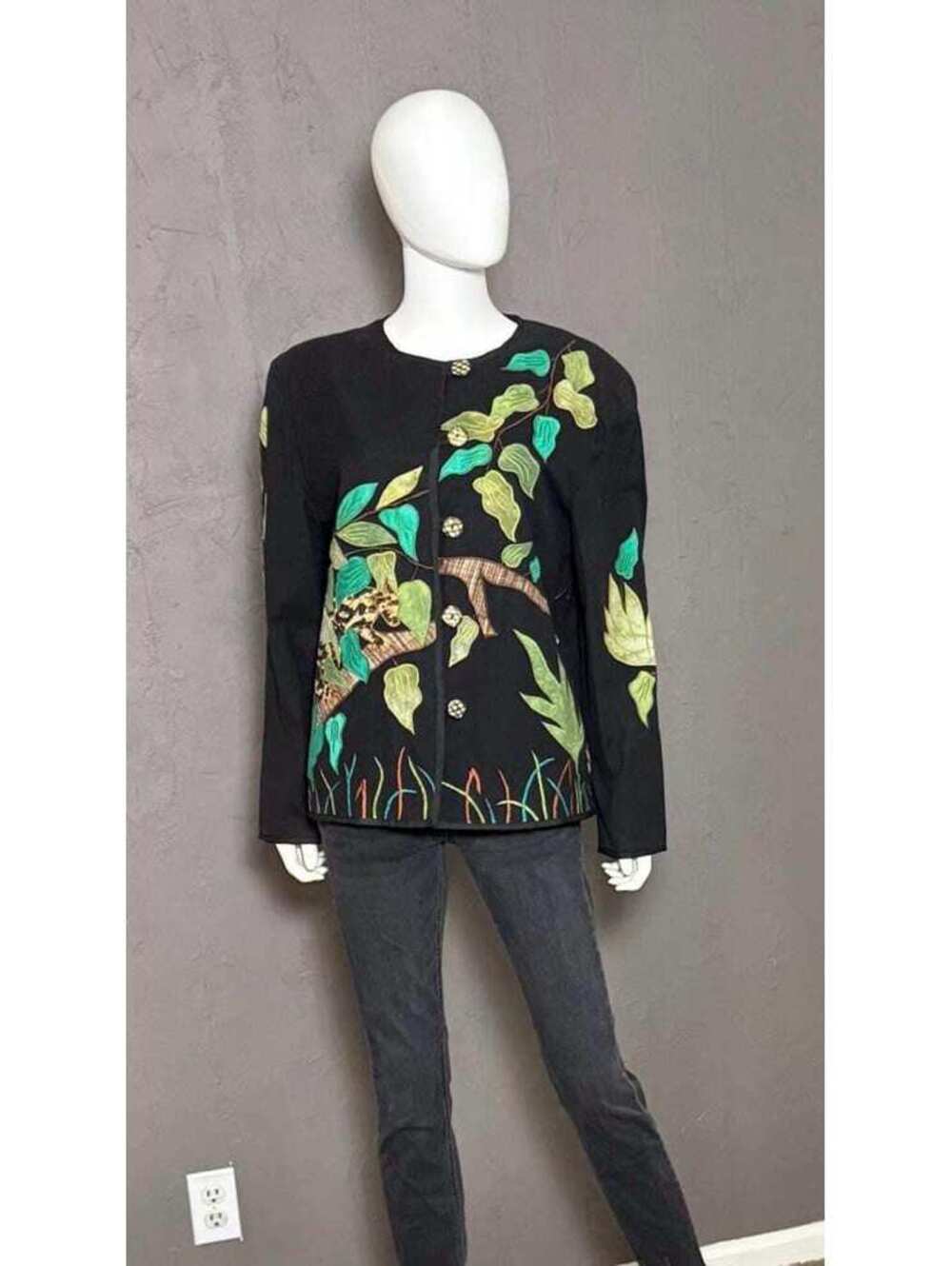 1990's Cheetah + Jungle Embroidered Art Statement Jacket size Large